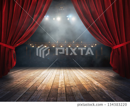 Dramatic theatre scene with curtains drawn back showing stage ready for performance and audience lights dimmed Dramatic theatre scene with curtains drawn back showing stage ready for performance and audience lights dimmed 134383220