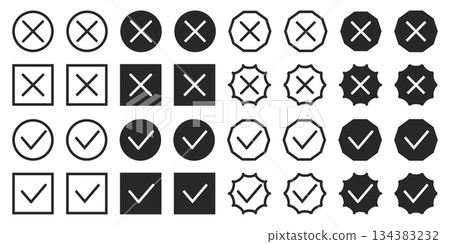 Black cross and checkmark icons for voting or answer selection 134383232