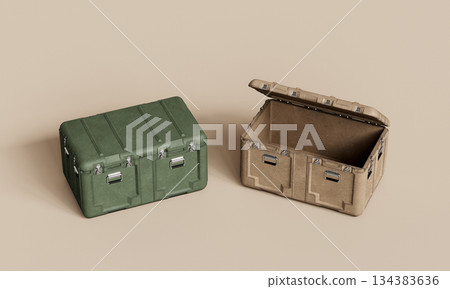 Rugged Storage Crates for Military, Outdoor and Industrial Use. 3D Rendering. 134383636