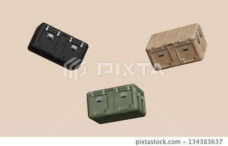 Rugged Storage Crates for Military, Outdoor and Industrial Use. 3D Rendering. 134383637