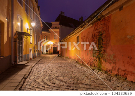 Old Town alley at night, Tallinn, Estonia 134383689