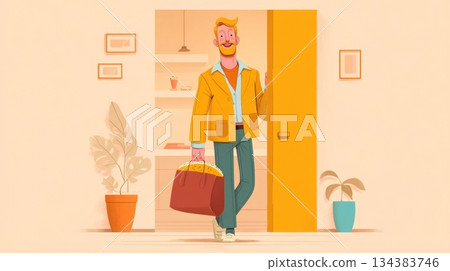 Happy Man Arriving Home with Groceries Happy Man Arriving Home with Groceries 134383746