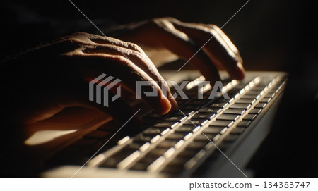 Focused Hands Typing on Laptop Keyboard in Dramatic Light Focused Hands Typing on Laptop Keyboard in Dramatic Light 134383747
