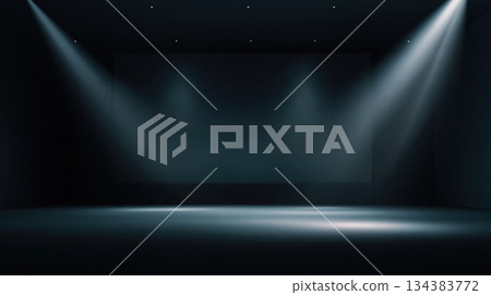 Dramatic Spotlights Illuminate Empty Dark Stage Dramatic Spotlights Illuminate Empty Dark Stage 134383772