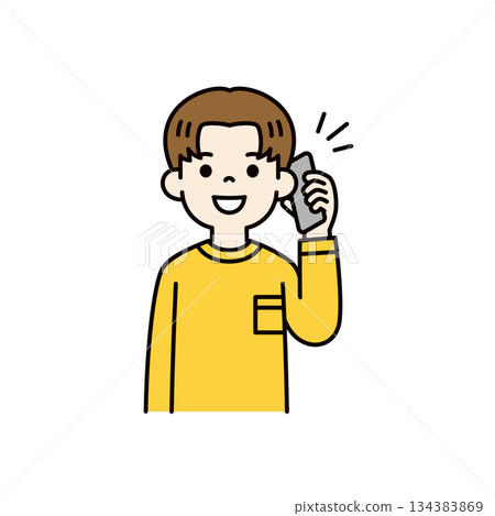 正在使用智慧型手機通話的年輕男子或男學生的上半身向量插圖（彩色） 134383869