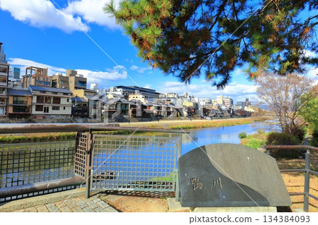 [Kyoto Prefecture] Pontocho and the Kamo River riverbed (Shijo Kawaramachi) in clear skies 134384093