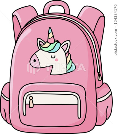 Cute Pastel Pink Backpack with Unicorn Head Illustration for Kids School Supplies Cute Pastel Pink Backpack with Unicorn Head Illustration for Kids School Supplies 134384176