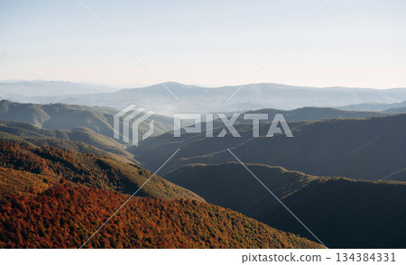 The hill. Majestic view of Carpathian mountains, autumn season 134384331
