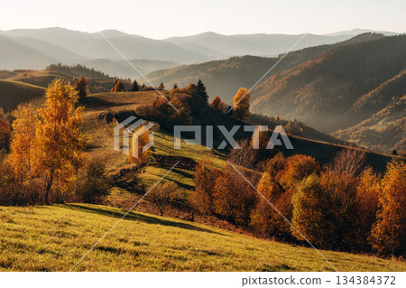 Amazing awe landscape. Majestic view of Carpathian mountains, autumn season 134384372