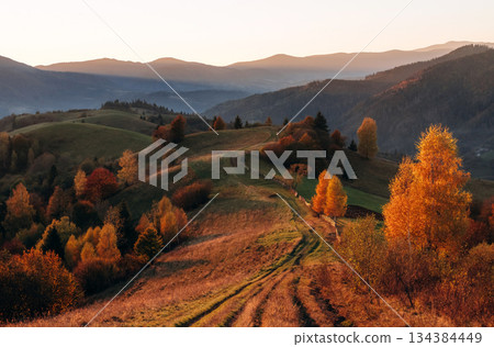 Amazing awe landscape. Majestic view of Carpathian mountains, autumn season Amazing awe landscape. Majestic view of Carpathian mountains, autumn season 134384449