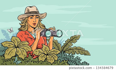 Woman explorer with binoculars in tropical nature Woman explorer with binoculars in tropical nature 134384679