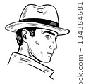Sketch portrait of detective man wearing fedora hat 134384681