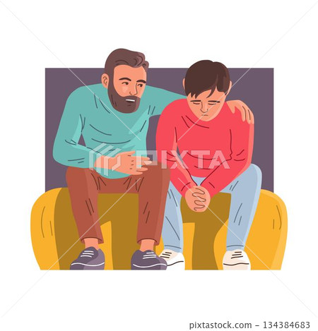 Father supporting teenage son while sitting together Father supporting teenage son while sitting together 134384683