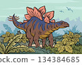 Stegosaurus dinosaur walking among prehistoric jungle plants 134384685