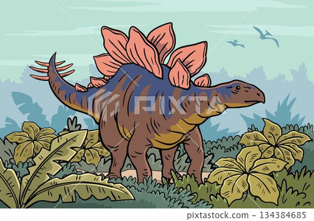 Stegosaurus dinosaur walking among prehistoric jungle plants 134384685