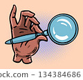 Gloved hand holding magnifying glass in pop art style 134384686