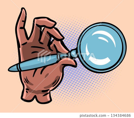 Gloved hand holding magnifying glass in pop art style Gloved hand holding magnifying glass in pop art style 134384686