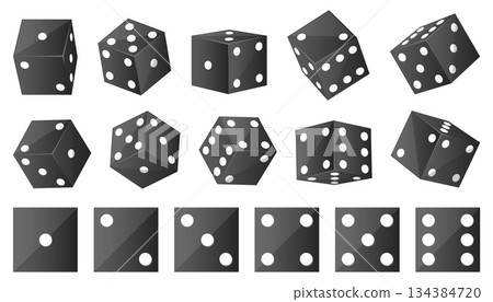 Black casino dice on white background. Gamble and risky board games. Bone throwing for bets. 3D cubes top and side view. Craps and poker. Different angles positions. Gambling vector set 134384720