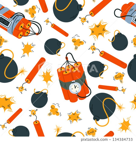 Bombs seamless pattern. Explosive devices. Warhead with time fuse detonator. Dynamite sticks. Gunpowder burst. Repeated print. Military weapon. TNT wick fire sparkles. Vector background Bombs seamless pattern. Explosive devices. Warhead with time fuse detonator. Dynamite sticks. Gunpowder burst. Repeated print. Military weapon. TNT wick fire sparkles. Vector background 134384733