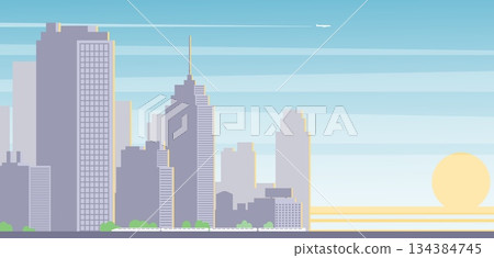 Cityscape with silhouettes of buildings and public transport. Desert metropolis. Downtown skyscrapers. Modern real estate. Business office towers. City architecture. Vector urban panorama Cityscape with silhouettes of buildings and public transport. Desert metropolis. Downtown skyscrapers. Modern real estate. Business office towers. City architecture. Vector urban panorama 134384745