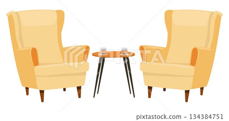Comfortable soft armchairs. Coffee table with whiskey glasses and ice. Living room or club interior. Modern furniture for bar. Lounge seat. Home furnishing vector isolated objects set 134384751