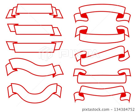 Contour frames made of red ribbons. Premium silk labels. Holiday celebration tapes. Curved flags. Empty banner for promotional text. Contour border of stripe. Scrapbook elements vector set 134384752