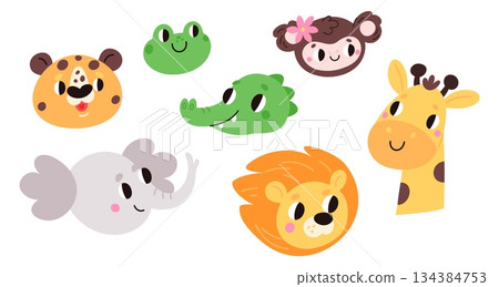 Cute funny faces of cartoon animals. Lion and giraffe. Joyful monkey. Smiling adorable crocodile. Tiger and elephant isolated heads. Zoo characters fun. Happy mammal muzzles vector set 134384753