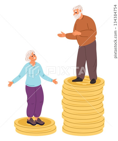 Elderly people standing on different stacks of coins. Representing different pension savings. Grandparents fund. Pensioners money accumulation unequal. Retirement wealth. Vector concept Elderly people standing on different stacks of coins. Representing different pension savings. Grandparents fund. Pensioners money accumulation unequal. Retirement wealth. Vector concept 134384754