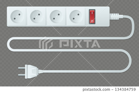 Electrical extension cord with outlets. Cord and electrical plug. Electric device for connecting various appliances to mains. Multiple power circuit. Vector realistic isolated object 134384759