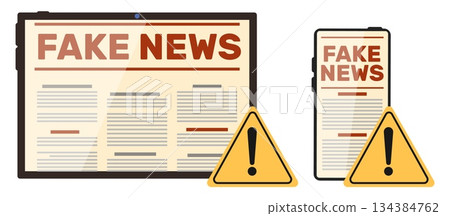 Fake news on tablet and phone screens. Misinformation propaganda. Web reportage fiction. False computer newsletter. Press falsification. Vector concept of disinformation on social media 134384762