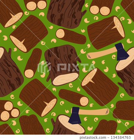 Firewood preparation. Wooden logs with axe for cutting timber. Woodworking seamless pattern. Chopped tree trunks for woodpile. Repeated print. Woodcutter or carpenter. Vector background 134384763
