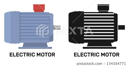 Industrial electric motor icon. Color or black silhouette symbol. Automotive engine. Energy generator. Industrial equipment. Engineering hardware. Electromagnetic rotor. Vector signs set 134384771