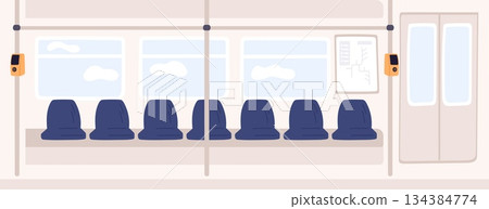 Interior of subway train. Bus or trolleybus. Railroad transportation. Comfortable public transport cabin with seats, handrails and fare payment terminals. Vector railway carriage inside 134384774