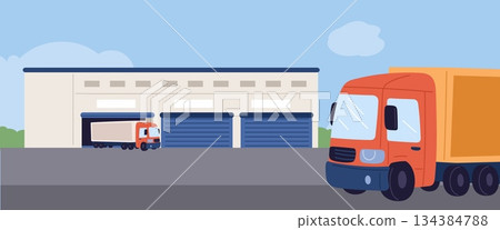 Large warehouse with cargo and trucks. Modern logistics company. Freight transportation or delivery. Lorries drive at storehouse garage. Distribution hub. Wholesale shipment. Vector concept 134384788