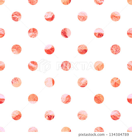 Rose gold foil seamless texture, shiny handmade circles. Golden glittering pattern. Shining hand drawn background. Wedding, greeting card decoration. Modern minimalist art. Vector illustration 134384789