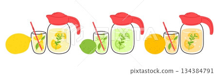 Lemonade jug. Lime and orange drink. Natural vitamin beverage carafe. Refreshing sour cocktail. Mojito glass with straw. Summer fruits juice. Cold detox soda. Vector isolated objects set Lemonade jug. Lime and orange drink. Natural vitamin beverage carafe. Refreshing sour cocktail. Mojito glass with straw. Summer fruits juice. Cold detox soda. Vector isolated objects set 134384791