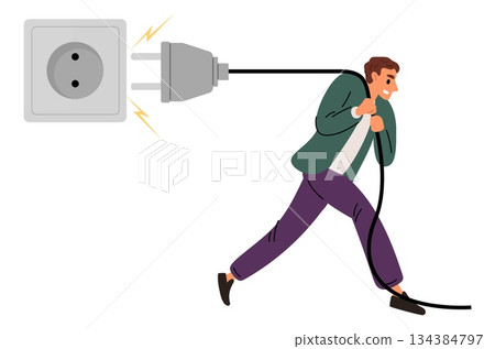 Man pulls electrical plug out of socket. Saving energy and reducing electricity costs. Turn off equipment. Tiny guy with big electric connector. Environment conservation. Vector concept Man pulls electrical plug out of socket. Saving energy and reducing electricity costs. Turn off equipment. Tiny guy with big electric connector. Environment conservation. Vector concept 134384797