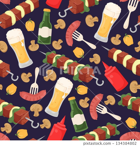 Picnic seamless pattern. BBQ food. Beer glasses and alcohol bottles. Barbeque sausage. Roasted mushrooms and vegetables. Repeated print. Barbecue kebabs with sauce. Vector background 134384802