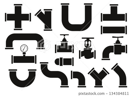 Water pipe elements. Piping supply system black silhouette. Plumbing valves and taps. Faucets and pressure gauges. Canalization junction. Tubing connection isolated parts vector set 134384811