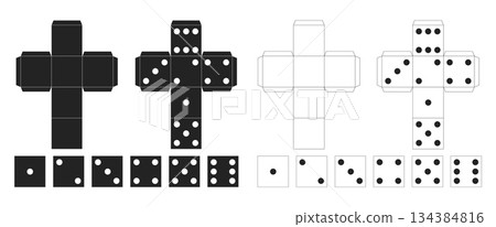 White and black template for making dice out of paper or cardboard. Board game. Cut and fold DIY. Gamble bet. Origami assemblage. Craps with dots. Vector cube assembling printable scheme White and black template for making dice out of paper or cardboard. Board game. Cut and fold DIY. Gamble bet. Origami assemblage. Craps with dots. Vector cube assembling printable scheme 134384816