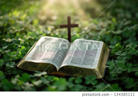 a bible book and a cross lying on the green clover leaves. 134385111