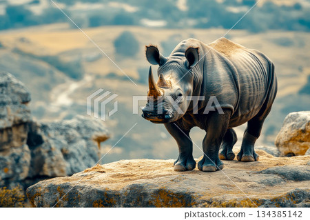 A Rhinoceros Standing on Rocky Terrain with Scenic Landscape Background. generative ai . 134385142