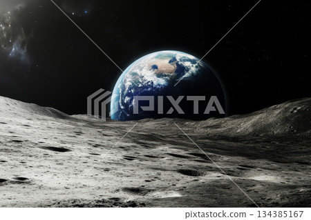 Breathtaking View of Earth from the Lunar Surface in Space. generative ai Breathtaking View of Earth from the Lunar Surface in Space. generative ai 134385167
