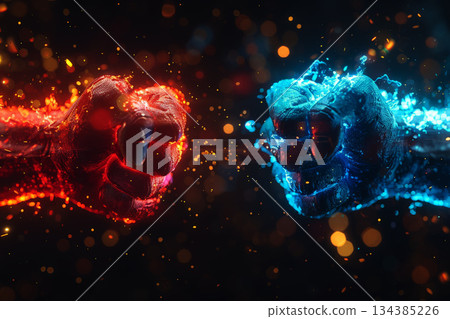 red and blue neon light .Two male hands in boxing. business market race concept , Generative AI 134385226
