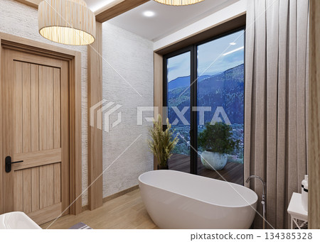 Bedroom combined with bathroom in ethnic style in a mountainous area 134385328