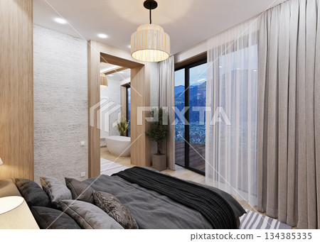 Bedroom combined with bathroom in ethnic style in a mountainous area 134385335