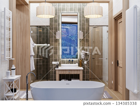 Bedroom combined with bathroom in ethnic style in a mountainous area 134385338