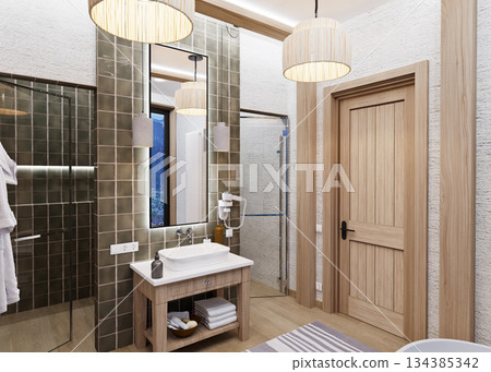 Bedroom combined with bathroom in ethnic style in a mountainous area 134385342