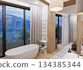 Bedroom combined with bathroom in ethnic style in a mountainous area 134385344