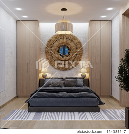Bedroom combined with bathroom in ethnic style in a mountainous area Bedroom combined with bathroom in ethnic style in a mountainous area 134385347